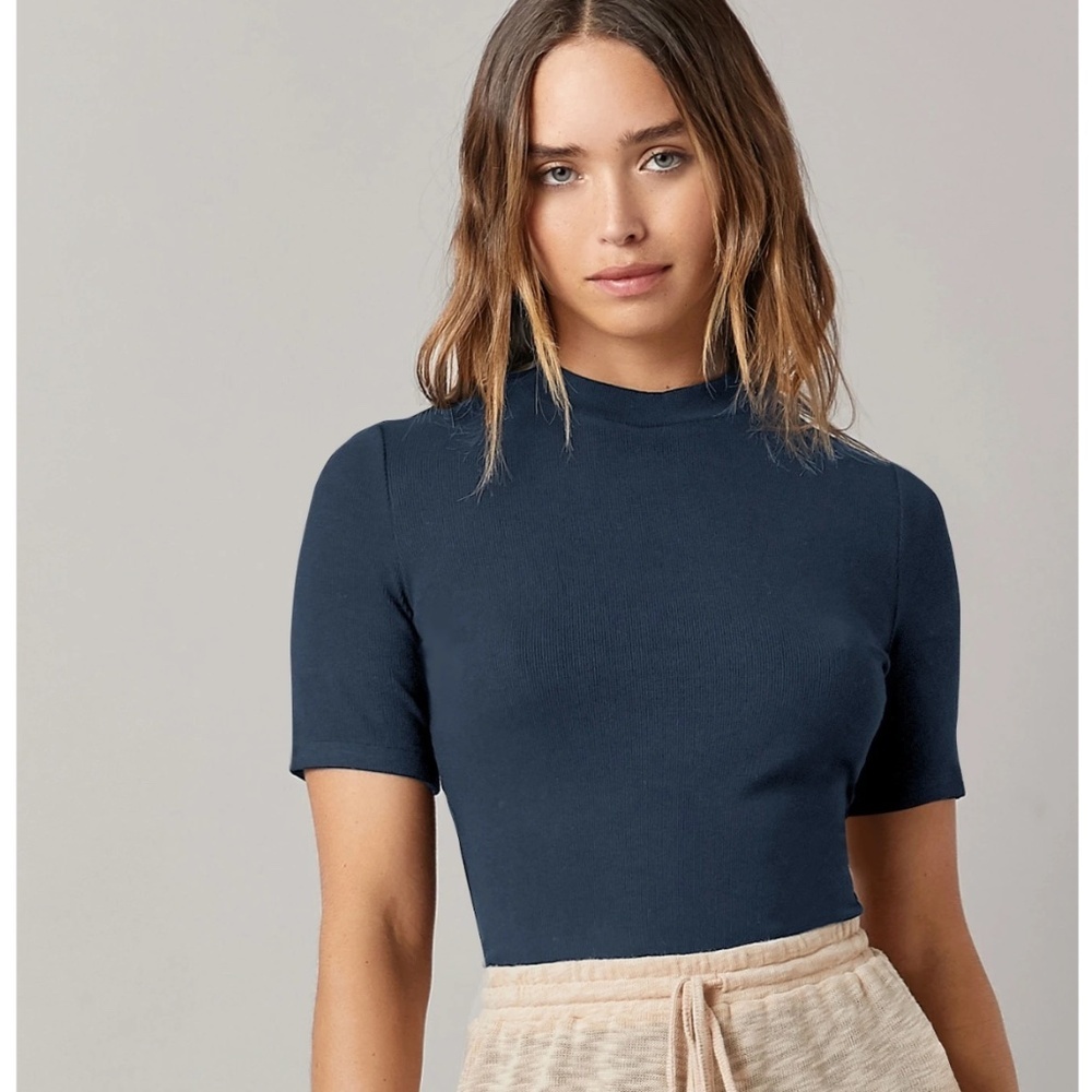 Blue Rib-Knit High Neck Short Sleeve Slim Fit Top Shirt